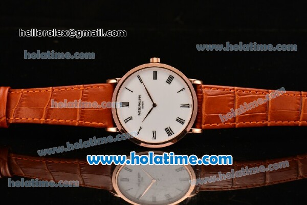 Patek Philippe Calatrava Miyota OS2035 Quartz Rose Gold Case with Roman Numeral Markers White Dial and Brown Leather Strap - Click Image to Close